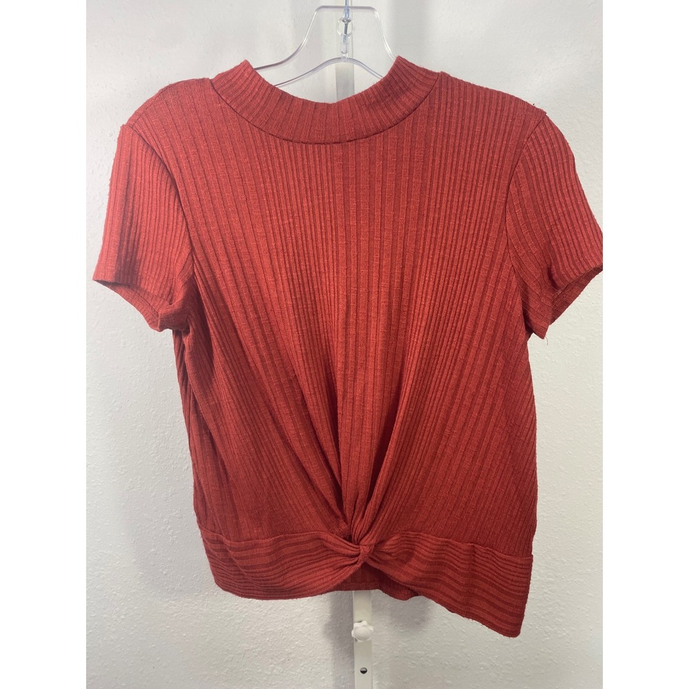 Pink Rose Rust Orange Ribbed Mock Neck Twist Front Short Sleeve Top Medium